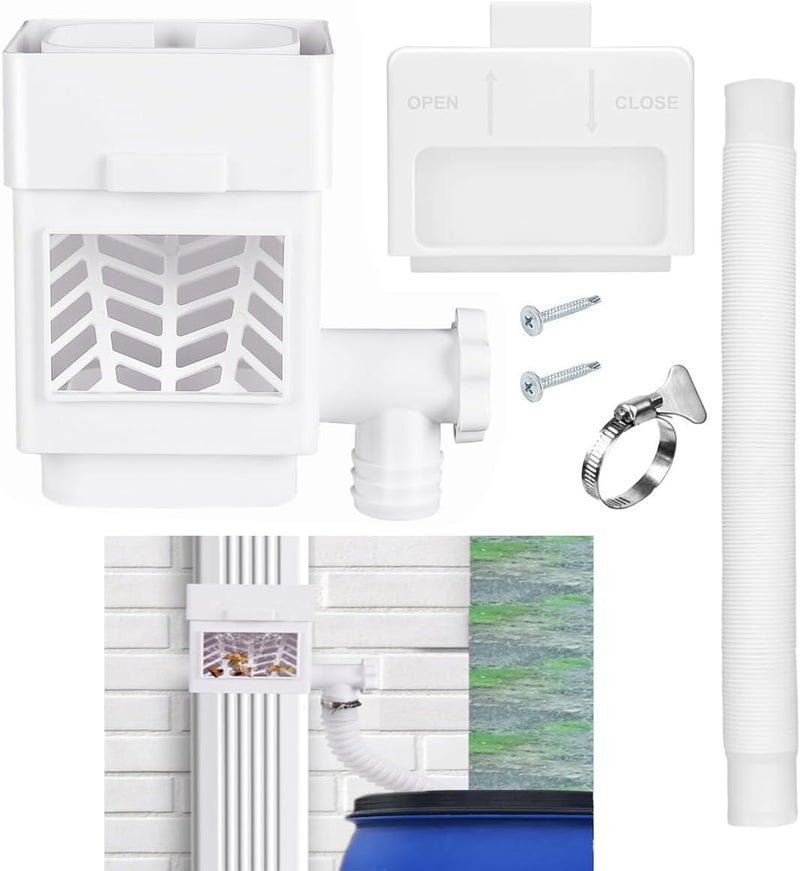 MISDENK Rain Barrel Diverter Kit, Downspout Diverter Fits for 2x3 or 3x4 Inch Gutter Downspouts, Rainwater Collection System with Adjustable Valve and Filter - White - Image 1